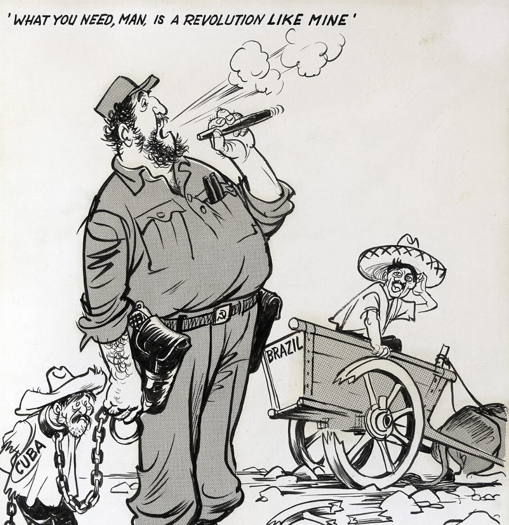 A political cartoon by Edmund S. Valtman from 1961 depicting stereotypical negative caricatures of Cubans, Brazilians (with a "Mexican" aspect), and former Cuban prime minister Fidel Castro